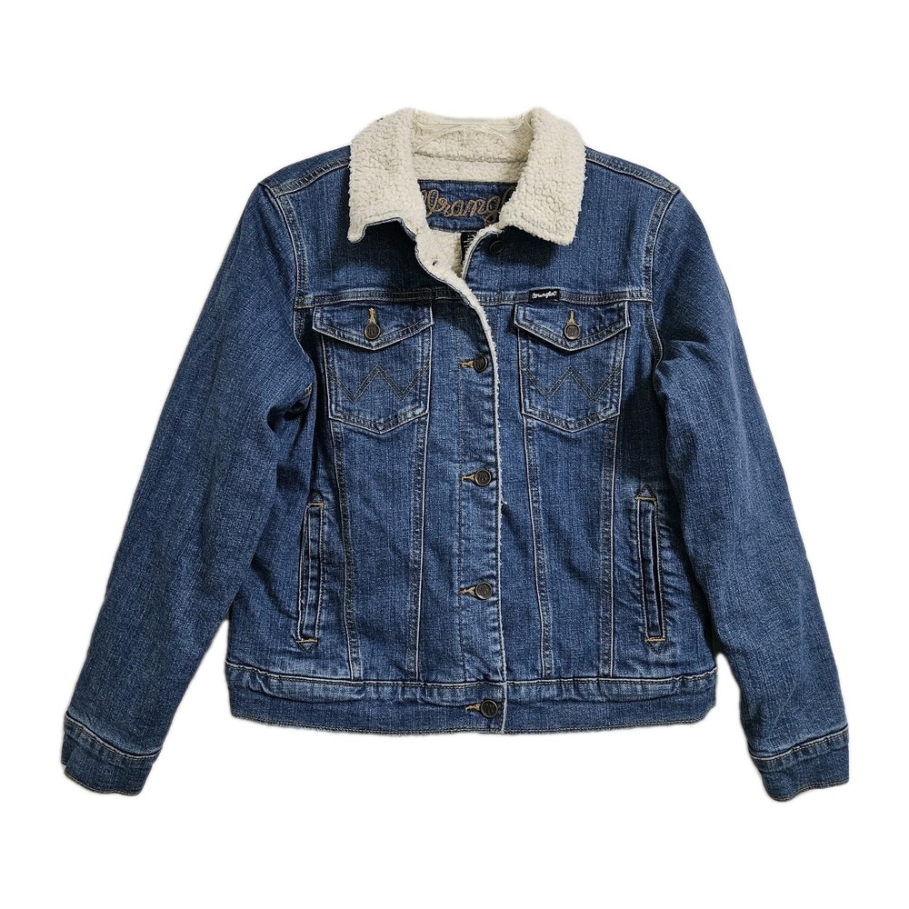 Wrangler Denim Jacket Womens Lg Blue Sherpa Lined‎ Western Trucker LWJ32BD Retro
